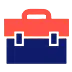 a blue and red briefcase with a red handle.