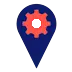 a blue pin with a red cogwheel on it.