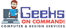 Geeks On Command Logo: A man holding a wrench popping out of the front of a laptop screen.