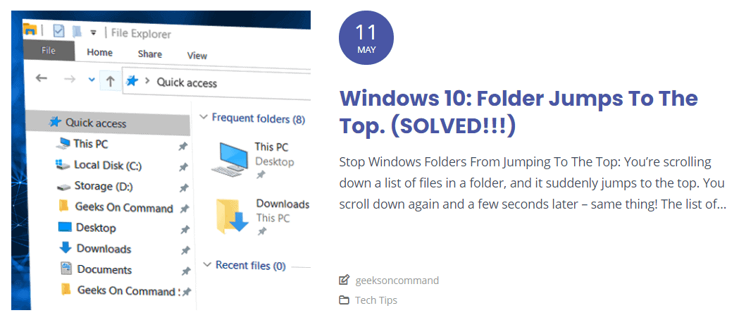 a screenshot of windows 10 folder jumps to the top.
