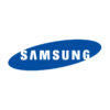 a blue samsung logo on a green background.