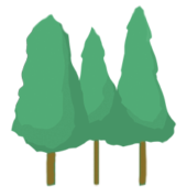 three green trees with brown trunks on a green background.