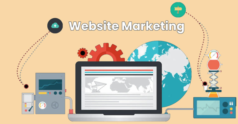 Website Marketing - Illustrated Banner with a laptop and globe and gears indicating marketing strategy and Internet marketing / digital marketing