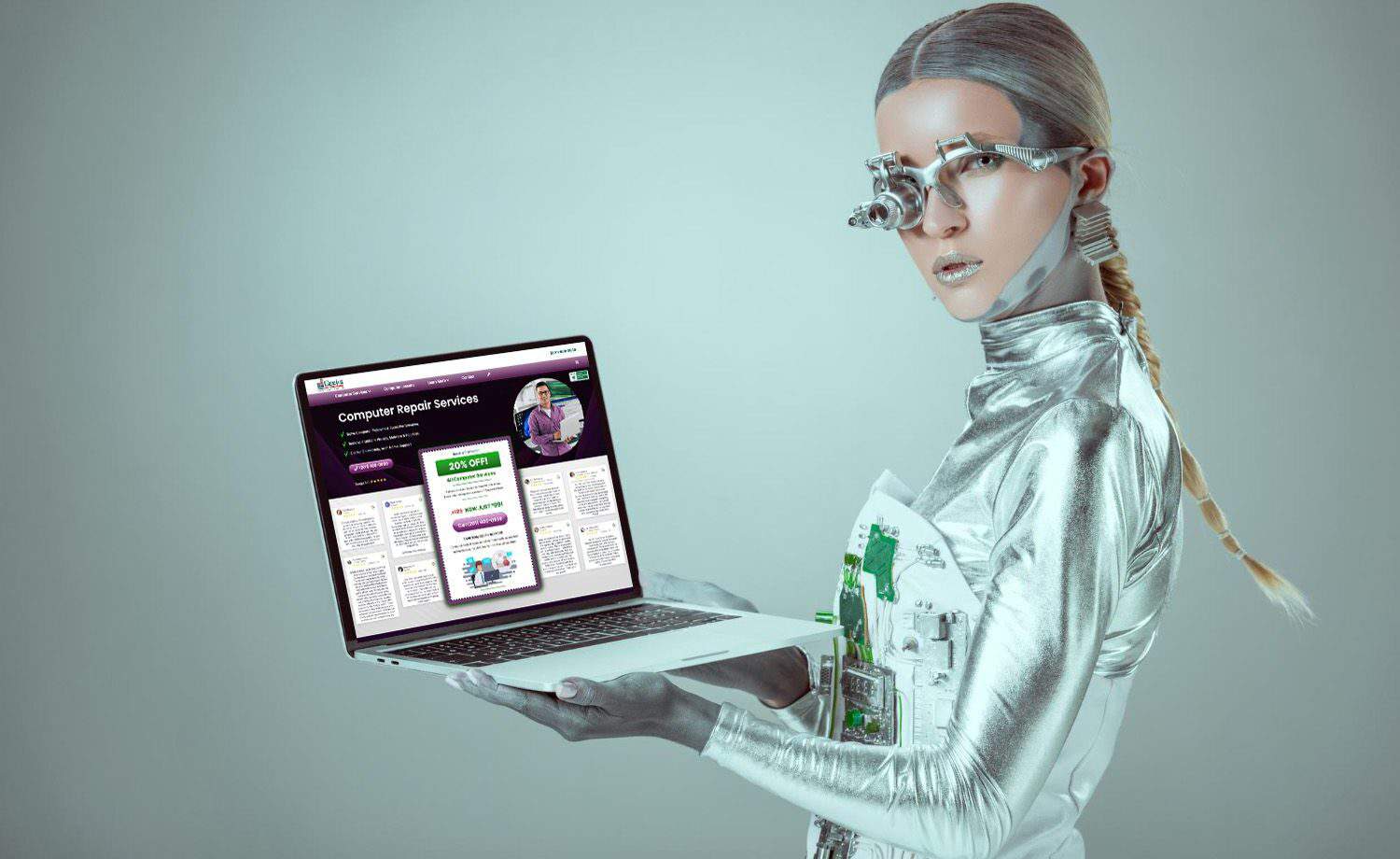 Futuristically dressed woman holding a modern laptop.