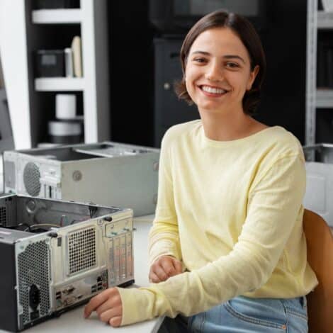 Woman working on open desktop computer and smiling at the camera