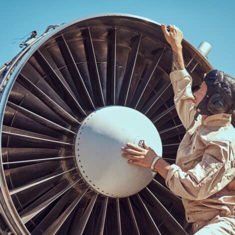 Vintage pilot in front of a huge airplane fan, implying the computer fan is loud as an airplane