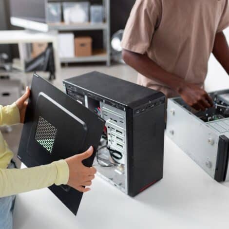 man and woman both independently working on cleaning the inside of 2 different desktop towers on a table