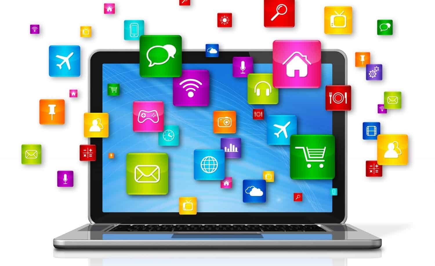 Laptop with app icons surrounding it
