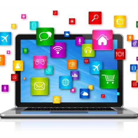 Laptop with app icons surrounding it
