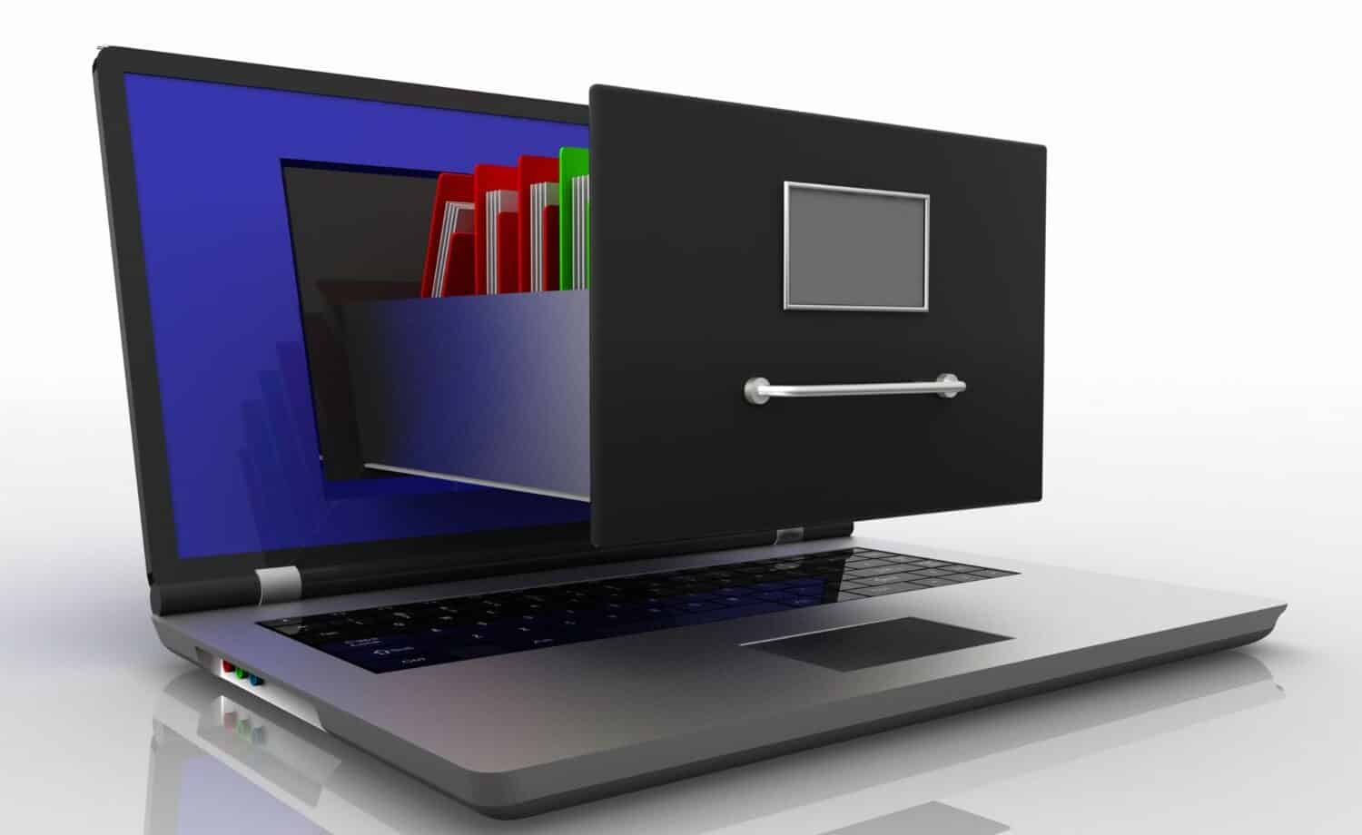 Rendering of a laptop with a file cabinet drawer popping out with folders inside