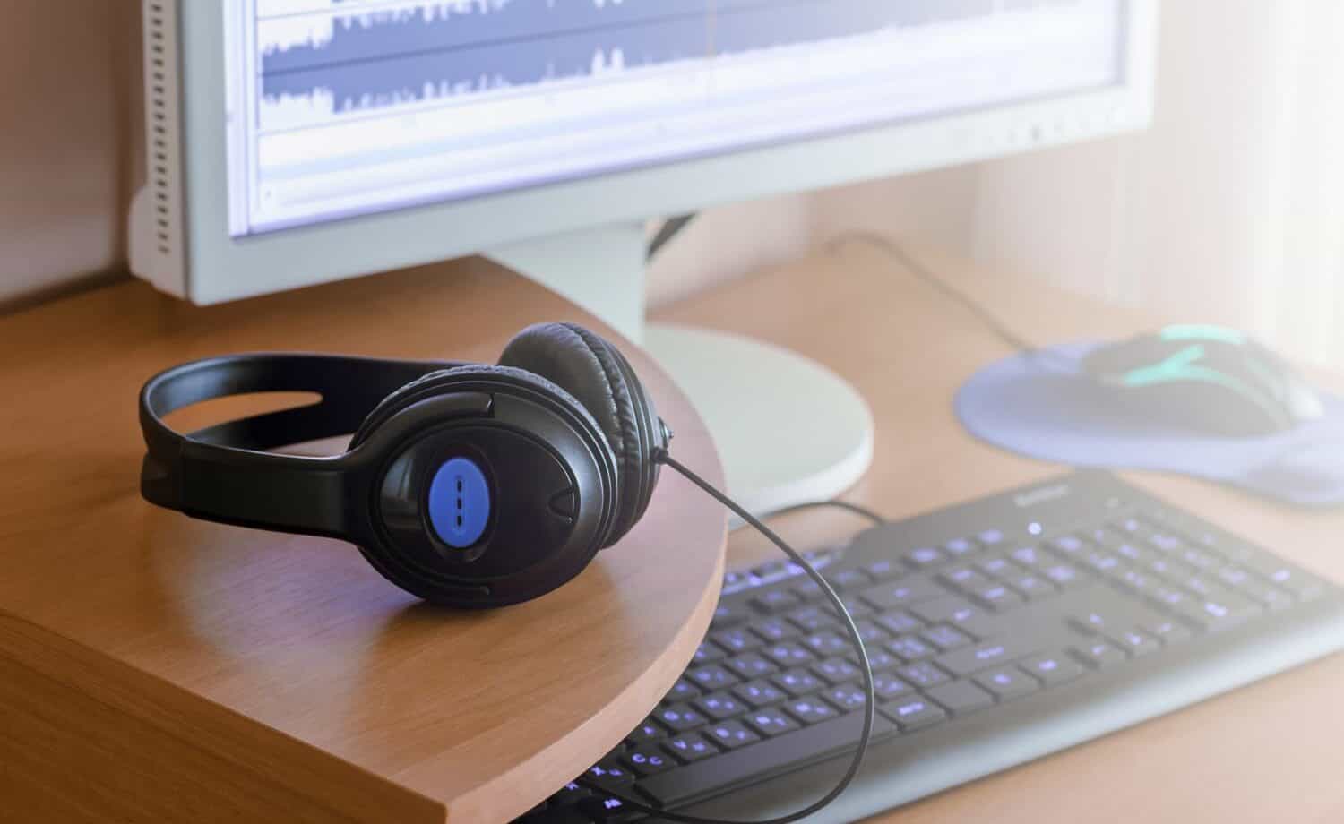 headphones, a keyboard and a screen with an audio wav file