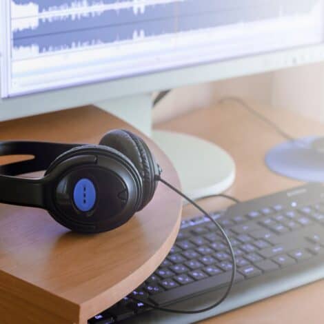 headphones, a keyboard and a screen with an audio wav file