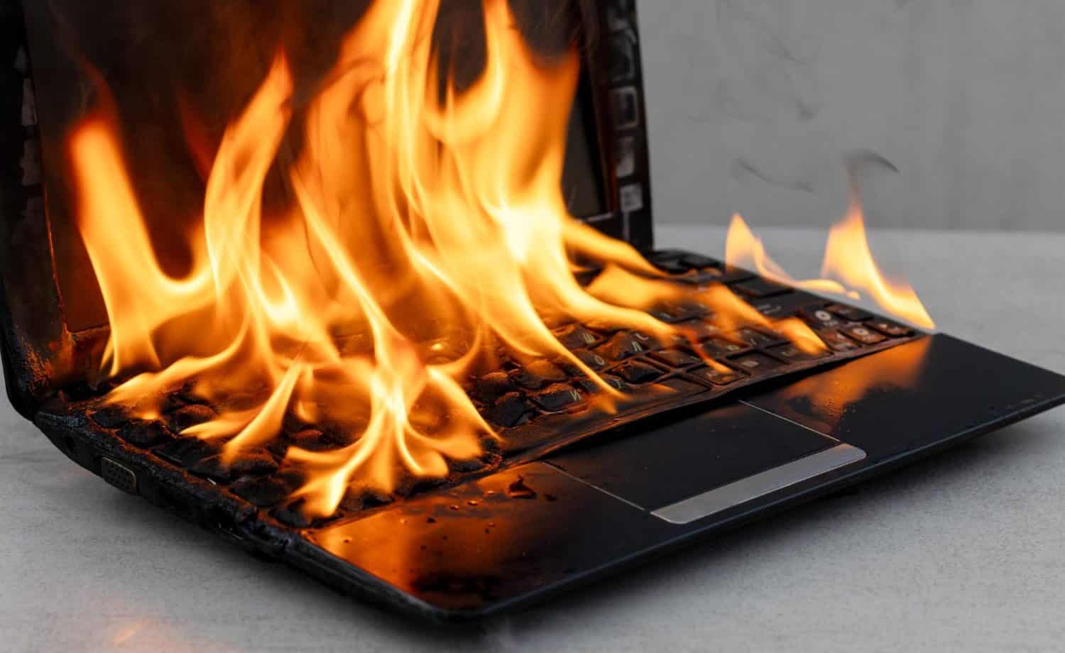 a laptop literally on fire