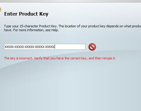 a screenshot of a prompt requesting a product key and an error saying the key entered was incorrect