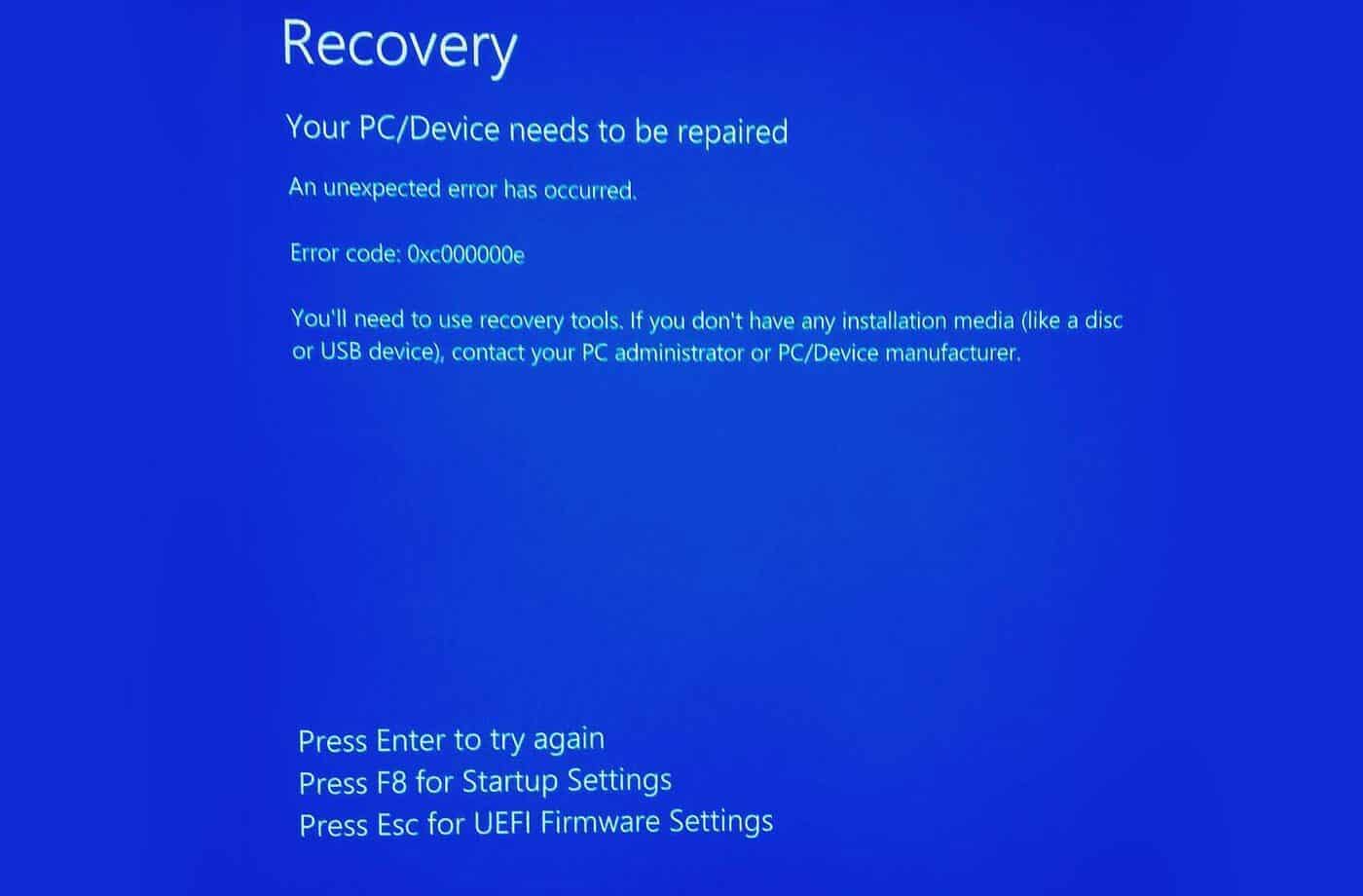 a screenshot of Windows error code 0xc00000e