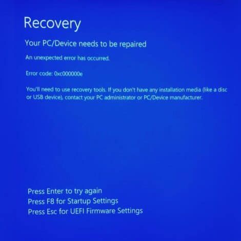 a screenshot of Windows error code 0xc00000e