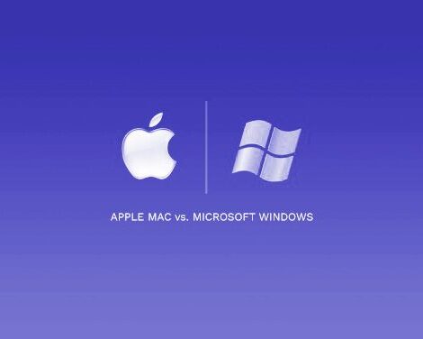 Text: APPLE MAC vs MICROSOFT WINDOWS with the two brand's icons.