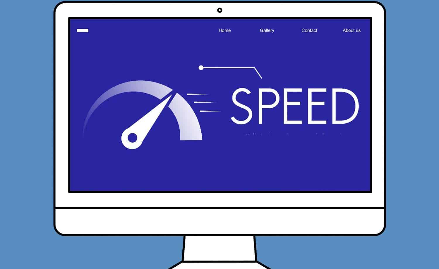 an illustration of a computer with a speed gauge on it pinned at fast