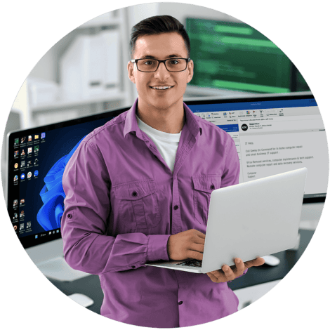 Smiling, confident young male IT professional in glasses and a purple button-down providing computer support on a laptop in a home office, with dual monitors showing a tech support email about Geeks On Command's in-home computer repair, remote IT support, and data recovery services.