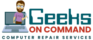 Geeks On Command Logo - An illustration of a Computer Repair Technician Popping Out from a Laptop Screen Holding a Wrench with the text: Geeks On Command Computer Repair Services