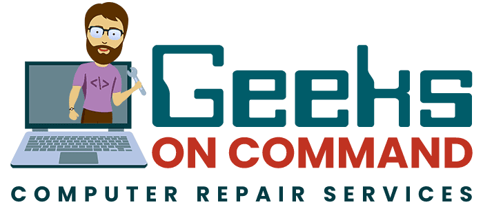 Geeks On Command Logo - An illustration of a Computer Repair Technician Popping Out from a Laptop Screen Holding a Wrench with the text: Geeks On Command Computer Repair Services