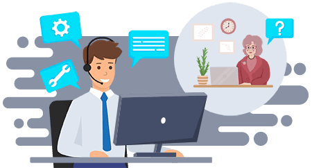 A graphic showing a smiling remote PC support technician wearing a headset, sitting at a computer. He is engaged in a conversation with an elderly woman displayed in a thought bubble. The background features icons representing remote assist technical support, such as a wrench and gear.