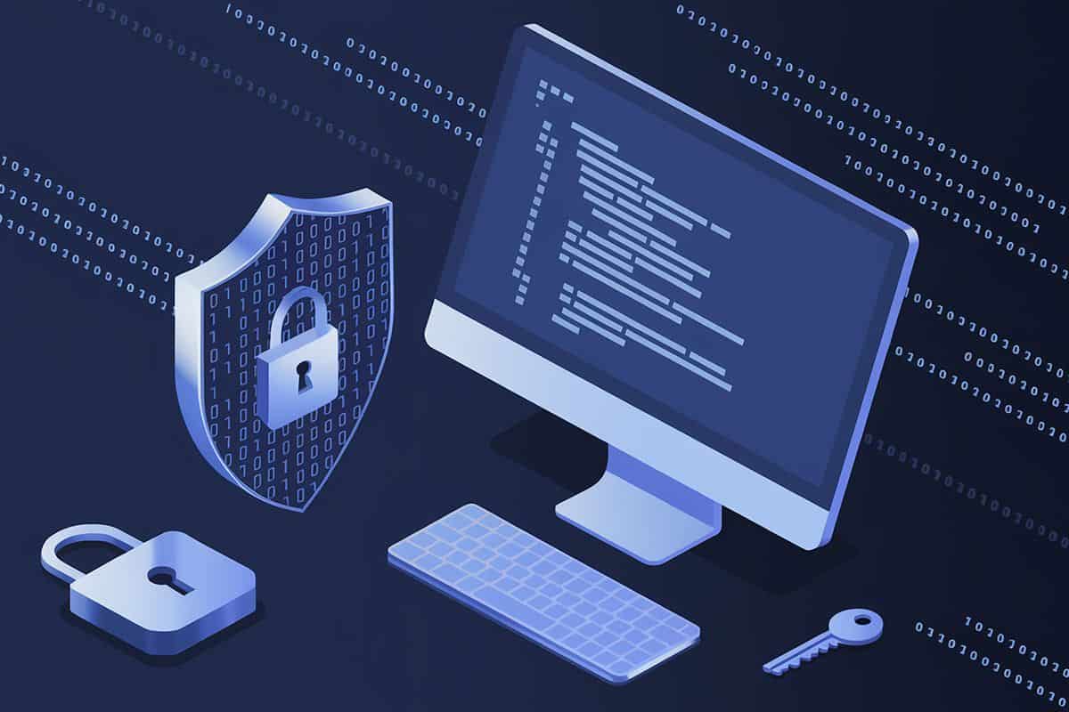 Illustration of a secure computer with a shield and digital locks, symbolizing cybersecurity services by Geeks On Command.