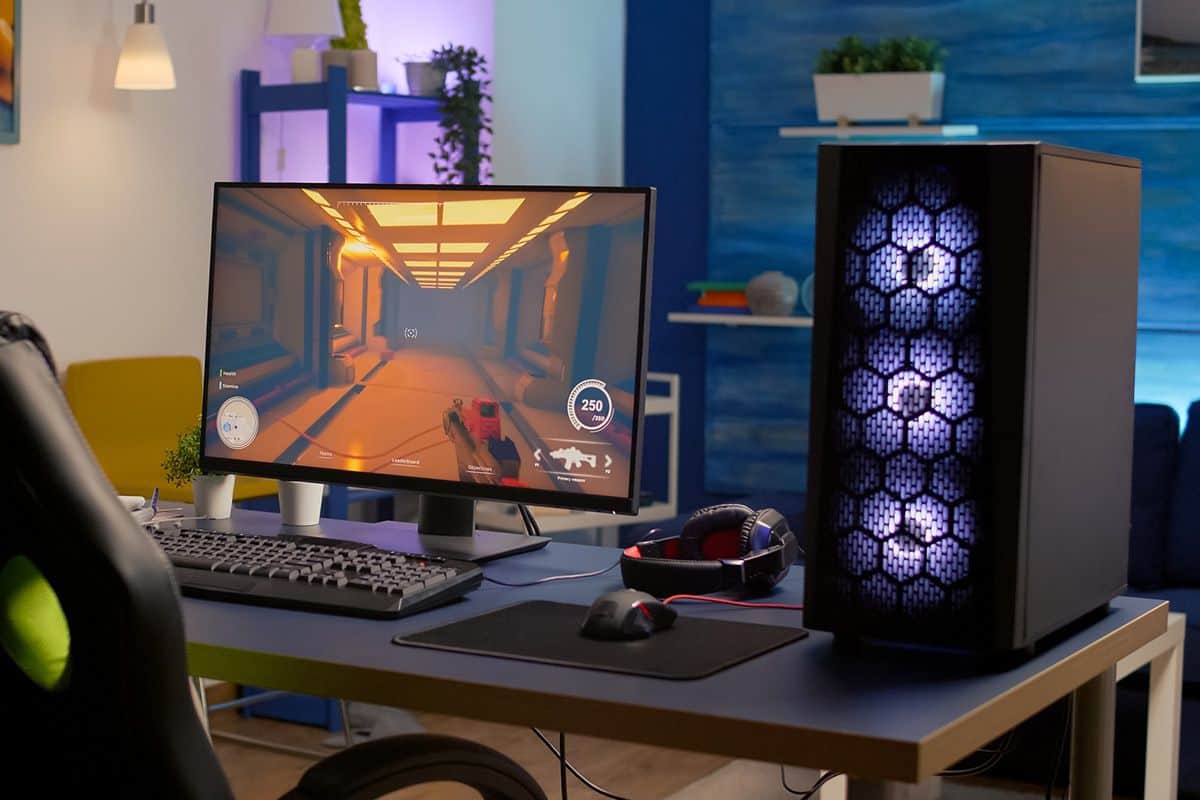 High-performance gaming setup featuring a custom-built PC and monitor, representing Geeks On Command's gaming PC builder services.