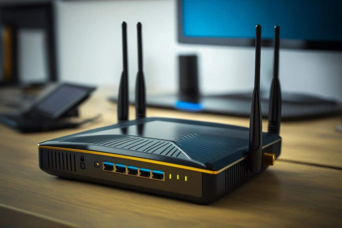 Wireless router with multiple antennas, showcasing Geeks On Command's home network services for reliable connectivity.