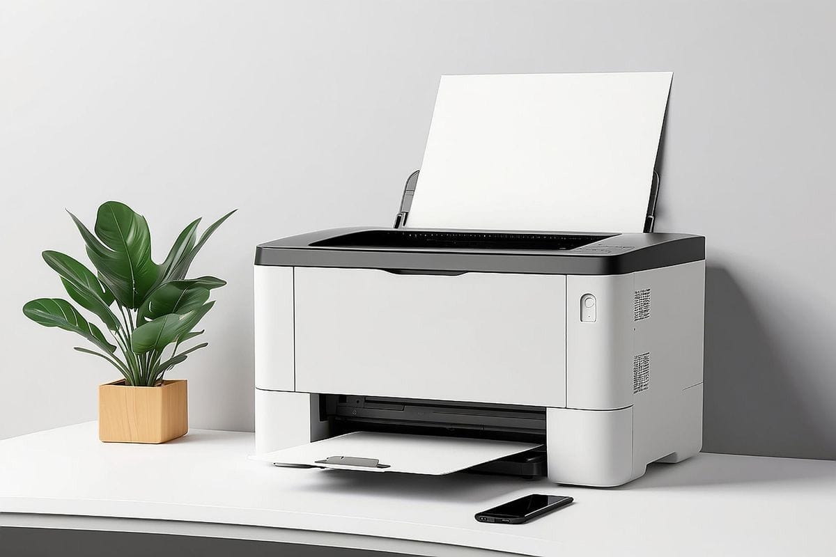 Printer on a desk with paper being printed, representing Geeks On Command's printer support and troubleshooting services.