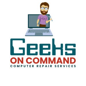 Geeks On Command logo featuring an illustrated computer technician popping out of a laptop with the text: Computer Repair Services