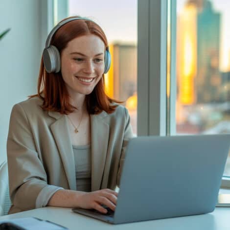 Smiling woman working at a laptop remotely working from home