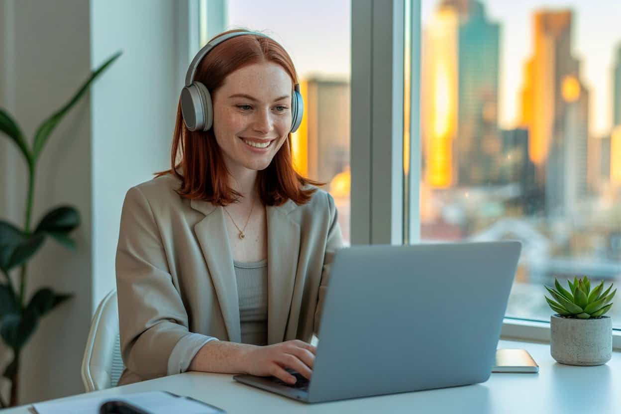 Smiling woman working at a laptop remotely working from home