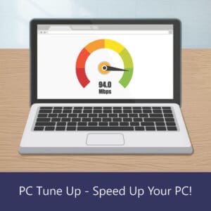 Laptop with speed set to 100% and the text "PC Tune-Up - Speed Up Your PC!"